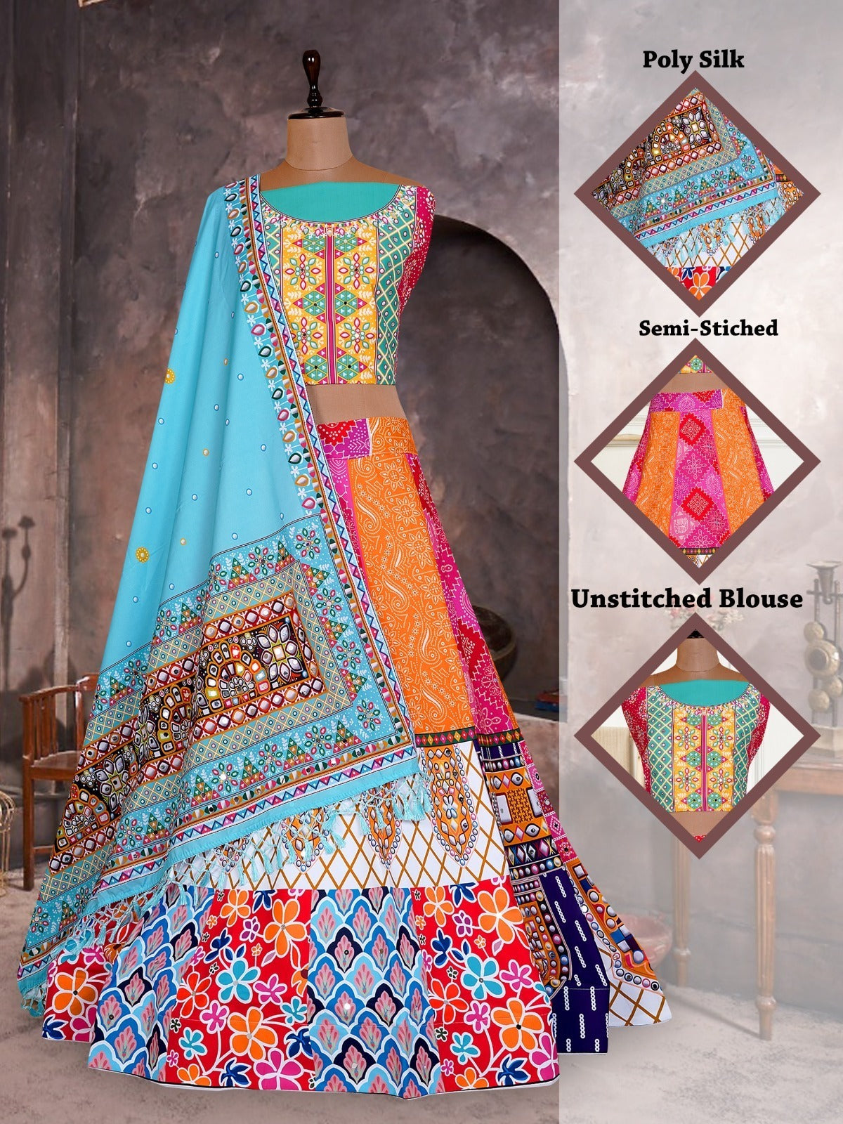Multicolor Traditional Printed Garba Chaniya Choli with Dupatta