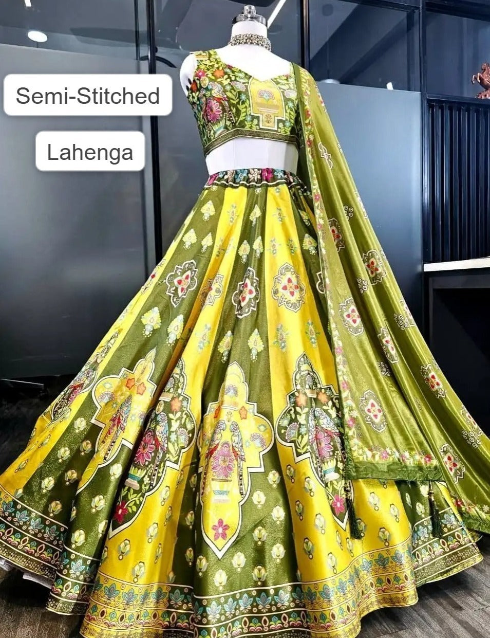 Green & Yellow Traditional Printed Garba Chaniya Choli